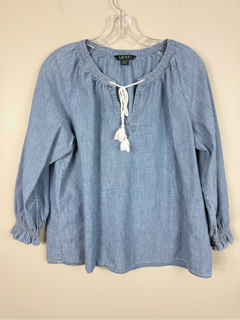 Lauren Ralph Lauren Top XL Blue Chambray Peasant Tassel Ruffle Sleeves Boho - Picture 1 of 8